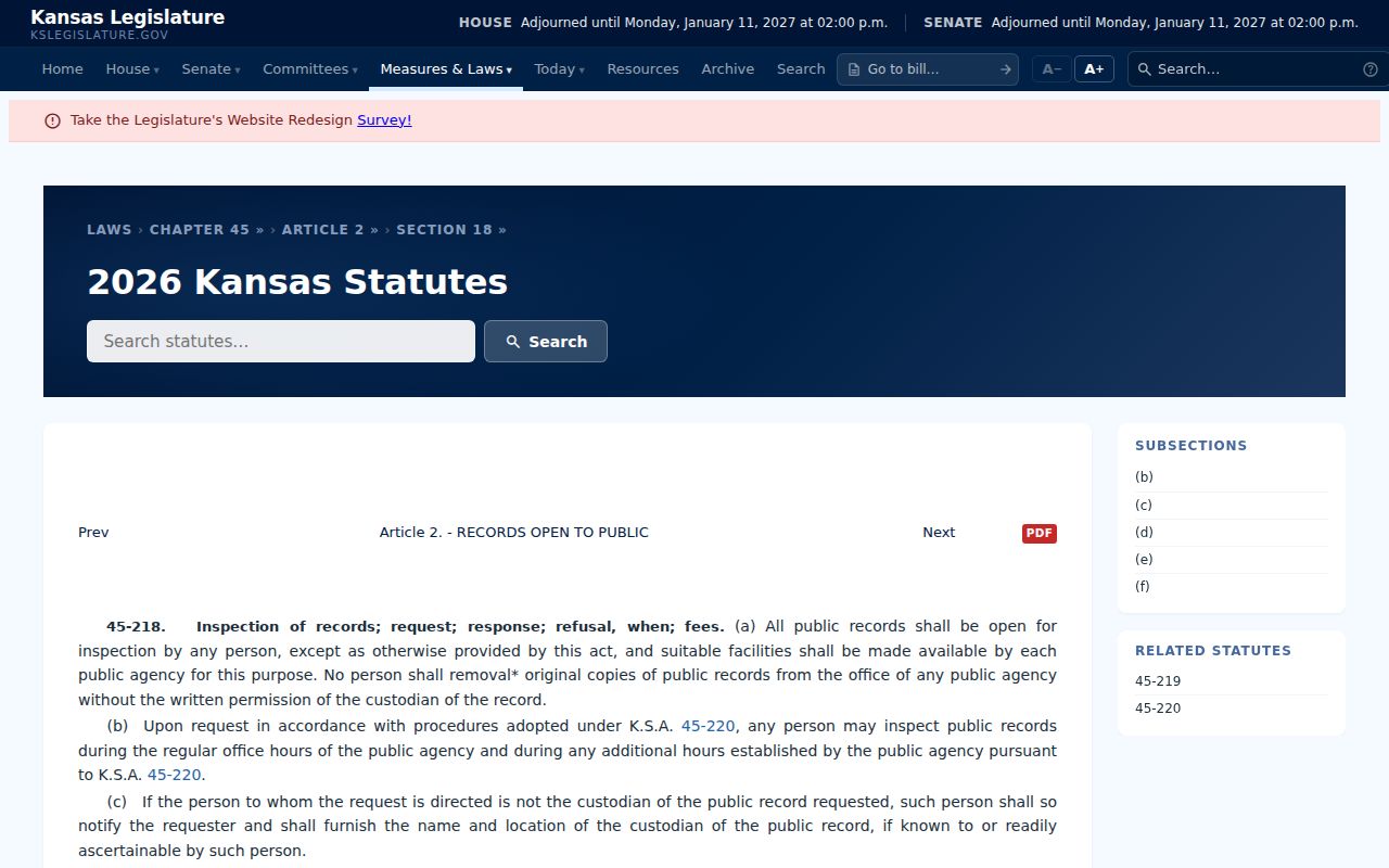 Kansas law on public record inspection and response