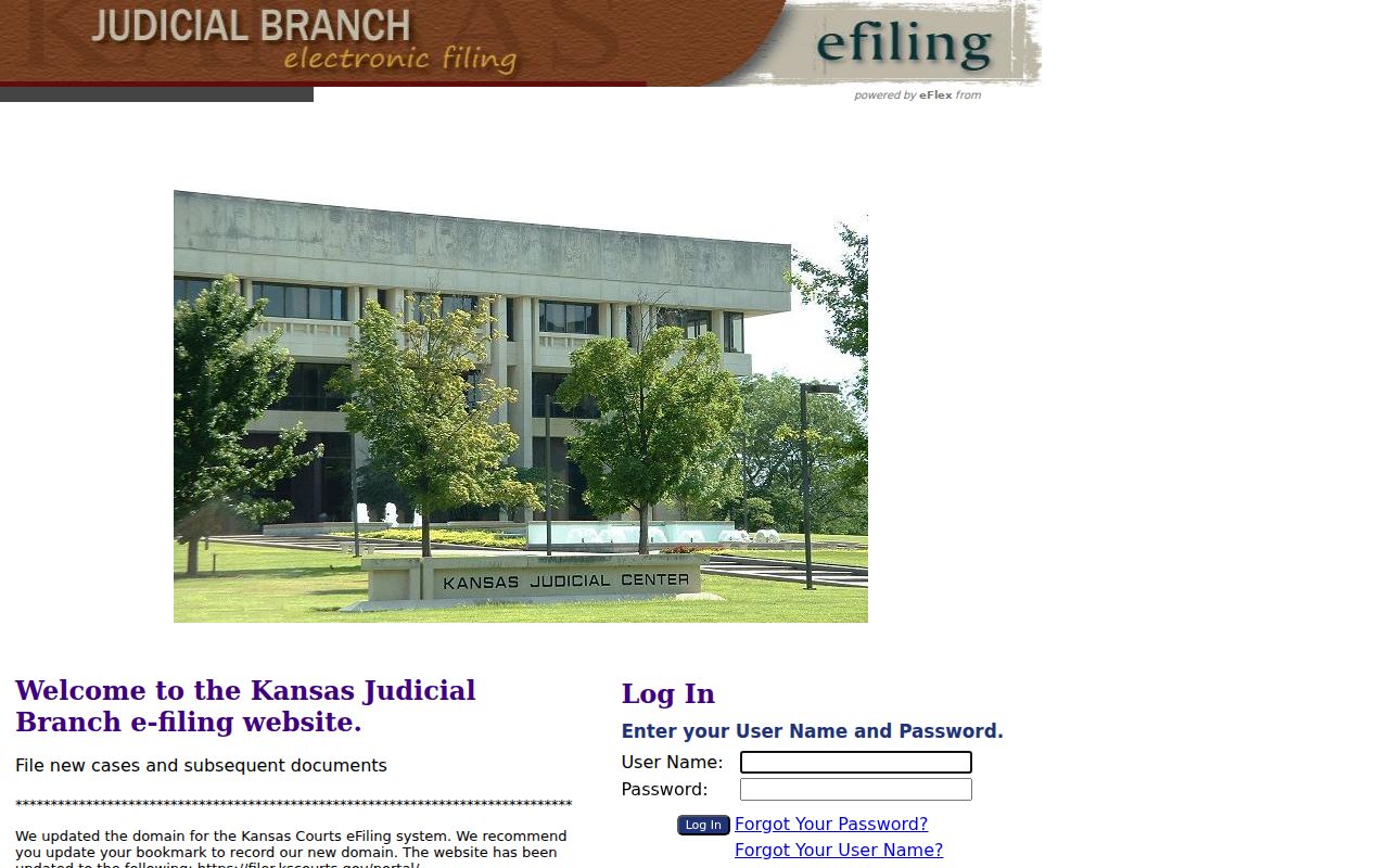Kansas Judicial Branch eFlex filing portal, not the Kiowa County docket search