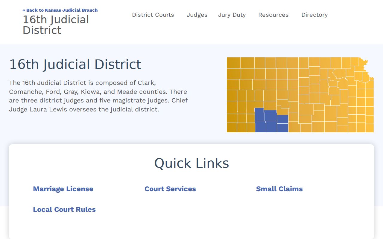 Official 16th Judicial District page listing Kiowa County